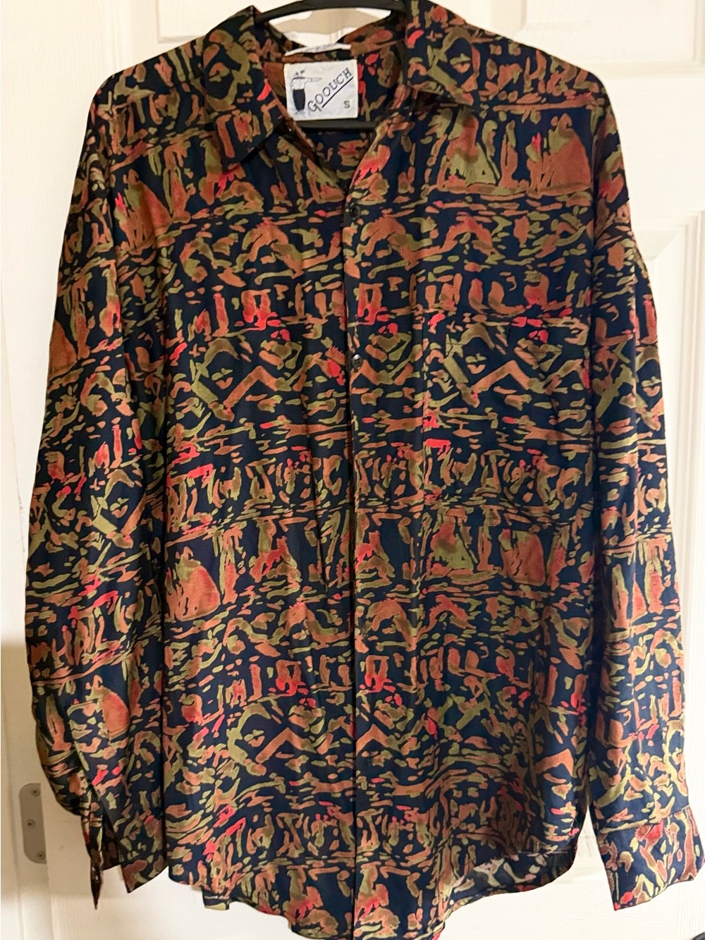 Vintage Goouch Rayon Shirt S Print Abstract Art Eclectic Grandpa Long Sleeve 80s